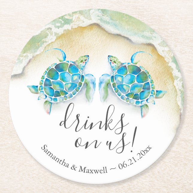 Dessous-de-verre Rond En Papier Beach Wedding Custom Drink Coasters Sea Turtles (Devant)