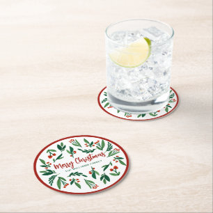 Dessous-de-verre Rond En Papier Beau Red Green Holly Berry Custom Christmas