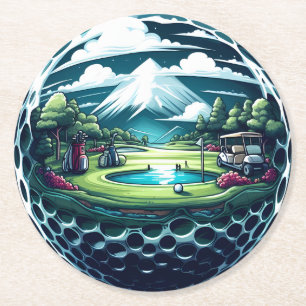 Dessous-de-verre Rond En Papier Beau terrain de golf avec Panier et Clubs