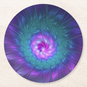 Dessous-de-verre Rond En Papier Beauté florale abstraite, art fractal coloré de fl