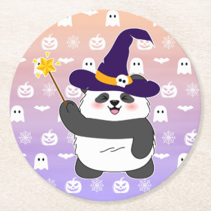 Dessous-de-verre Rond En Papier Bébé mignon de Halloween Panda sorcière magique