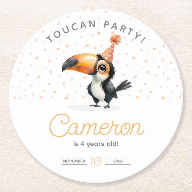 Dessous-de-verre Rond En Papier Bébé mignon toucan, fête d'anniversaire pour enfan (Devant)
