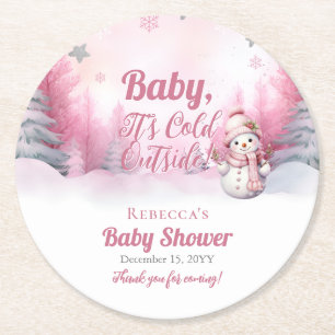 Dessous-de-verre Rond En Papier Bébé rose C'est froid dehors Baby shower de fille 