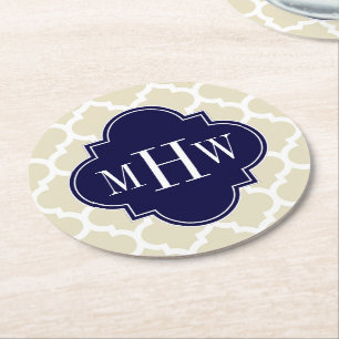 Dessous-de-verre Rond En Papier Beige Whal Marocain #5 Marine Bleu 3 Monogramme in