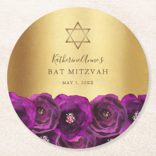 Dessous-de-verre Rond En Papier Belle Bat Mitzvah Rose Florale Magenta Rose Gold