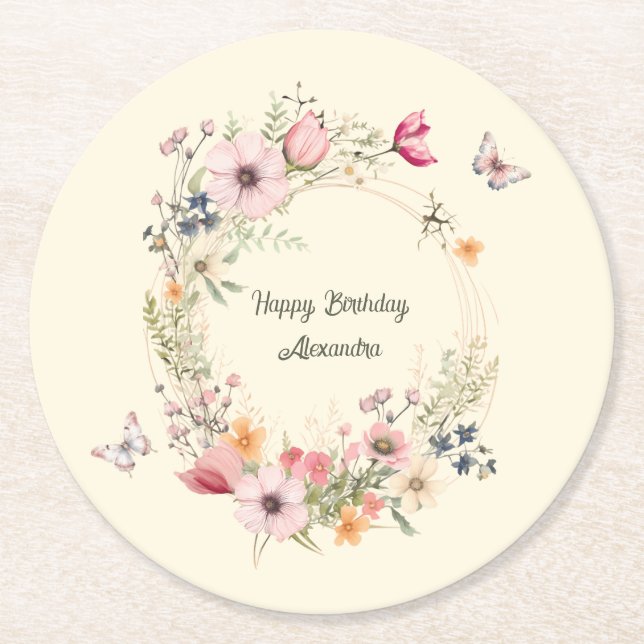 Dessous-de-verre Rond En Papier Belle couronne florale et papillons Anniversaire (Devant)