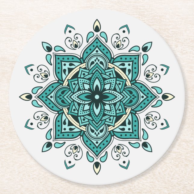 Dessous-de-verre Rond En Papier Belle décoration de mandala turquoise (Devant)