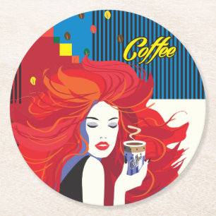 Dessous-de-verre Rond En Papier "Belle femme de mode art avec de café de tasse"