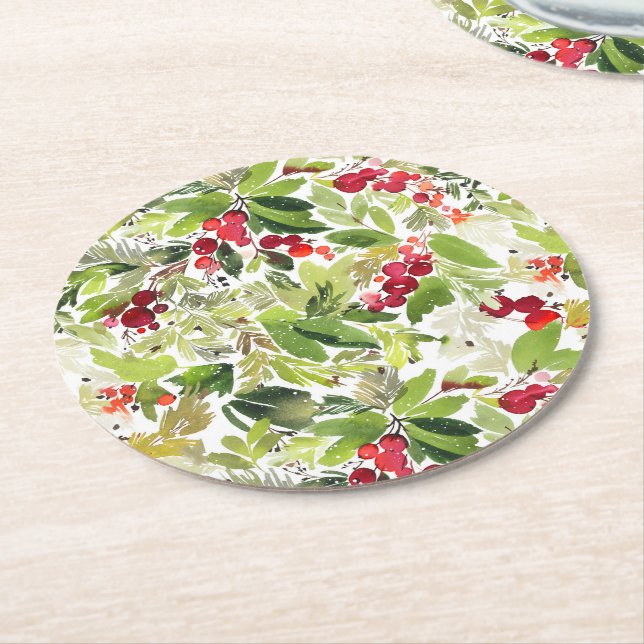 Dessous-de-verre Rond En Papier Berry Holly Festive et aquarelle À feuillage persi (Incliné)