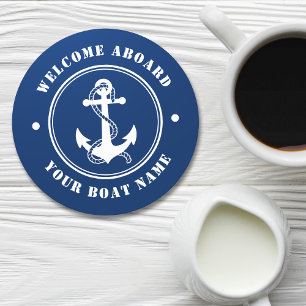 Dessous-de-verre Rond En Papier Bienvenue à bord du bateau Nom de la Ancre Marine