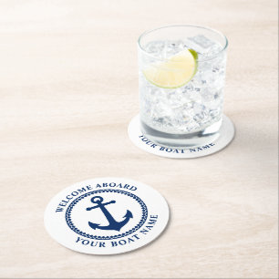 Dessous-de-verre Rond En Papier Bienvenue à bord du bateau Nom de la mer Ancre Ble