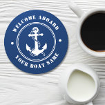 Dessous-de-verre Rond En Papier Bienvenue à bord Nom du bateau Ancre Corde Marine<br><div class="desc">Un dessous de verre en papier à thème nautique avec l'accueil à bord et votre nom de bateau personnalisé ou tout autre texte souhaité. Dispose d'une ancre et d'une corde de bateau conçues sur mesure. Est en blanc sur bleu marine ou change facilement la couleur de base pour correspondre à...</div>