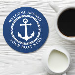 Dessous-de-verre Rond En Papier Bienvenue à bord Nom du bateau Ancre de mer Marine<br><div class="desc">Un élégant dessous de verre en papier à thème nautique avec accueil à bord et votre nom de bateau personnalisé ou autre texte souhaité. Doté d'une ancre marine conçue sur mesure avec garniture en diamant. Est en blanc sur bleu marine ou change facilement la couleur de base pour correspondre à...</div>
