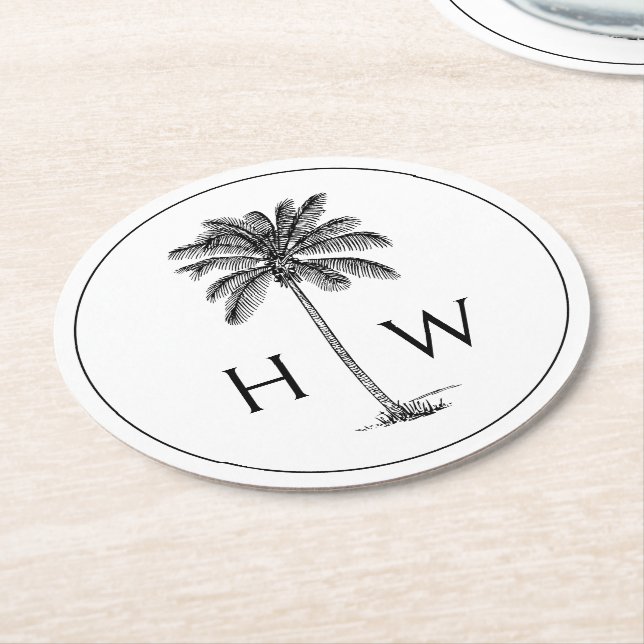 Dessous-de-verre Rond En Papier Black and White Palm Palmetto Tree Monogram (Incliné)
