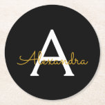 Dessous-de-verre Rond En Papier Black Gold Modern Script Girl Monogramme Nom<br><div class="desc">Dessous de verre en papier noir et or Simple Script Monogramme Nom. Cela fait le cadeau parfait de remise de diplômes,  anniversaire,  mariage,  douche nuptiale,  anniversaire,  baby shower ou bachelorette pour quelqu'un qui aime le luxe glam et les styles chic.</div>
