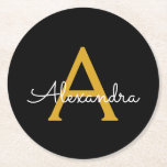 Dessous-de-verre Rond En Papier Black Gold Modern Script Girl Monogramme Nom<br><div class="desc">Dessous de verre en papier noir et or Simple Script Monogramme Nom. Cela fait le cadeau parfait de remise de diplômes,  anniversaire,  mariage,  douche nuptiale,  anniversaire,  baby shower ou bachelorette pour quelqu'un qui aime le luxe glam et les styles chic.</div>