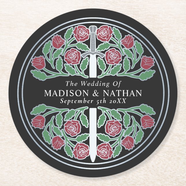 Dessous-de-verre Rond En Papier Black Royal Medieval Silver Sword Wedding (Devant)