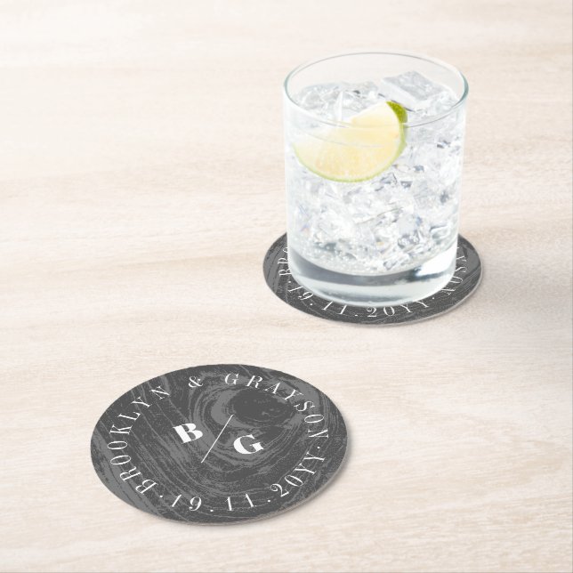 Dessous-de-verre Rond En Papier Black Rustic Woodgrain Texture Chic Mariage d'hive (En situation)