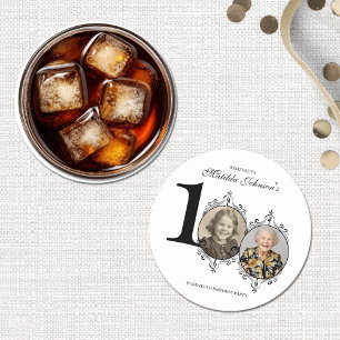 Dessous-de-verre Rond En Papier Black White Elegant Photo 100th Birthday Party