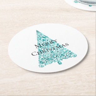 Dessous-de-verre Rond En Papier Blanc Aqua Bleu sapin de Noël