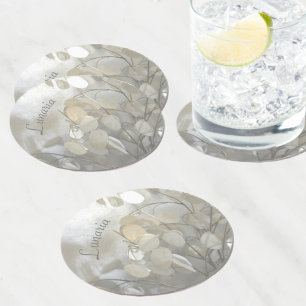 Dessous-de-verre Rond En Papier Blanc Lunaria Dollar Argent Personnalisable