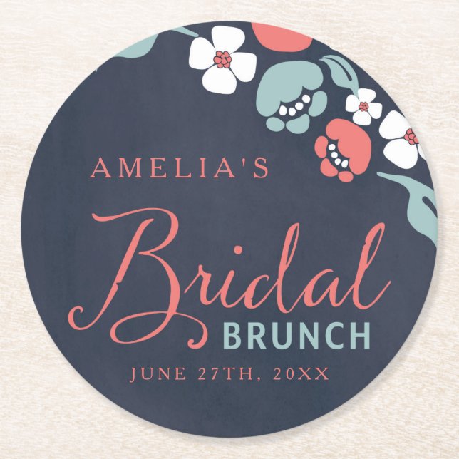 Dessous-de-verre Rond En Papier Bleu Chalkboard Floral Bridal Brunch rond (Devant)