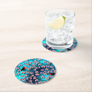 Dessous-de-verre Rond En Papier Bleu Ciel Cerisier Fleur