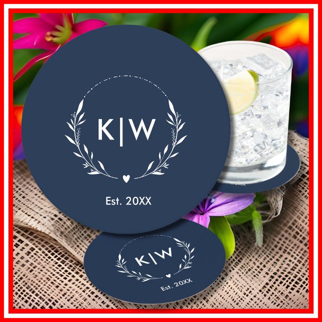 Dessous-de-verre Rond En Papier Bleu et blanc | Monogramme des initiales modernes (Navy Blue and White | Modern Initials Monogram Round Paper Coaster)
