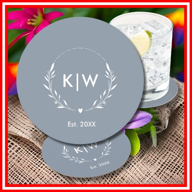 Dessous-de-verre Rond En Papier Bleu et blanc poussiéreux | Monogramme des initial (Dusty Blue and White | Modern Initials Monogram Round Paper Coaster)
