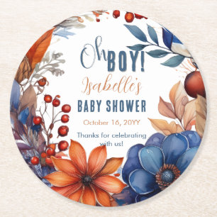 Dessous-de-verre Rond En Papier Bleu   Terracotta Oh Boy Fall Baby shower Floral