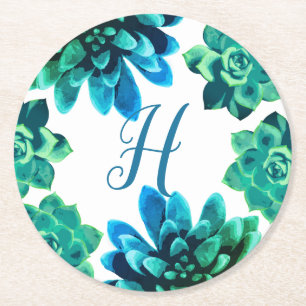 Dessous-de-verre Rond En Papier Bleu Vert Succulents Monogramme