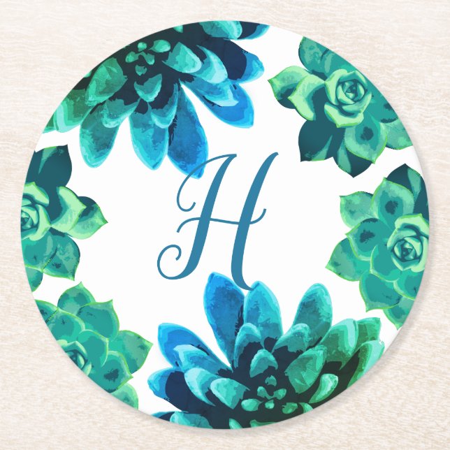 Dessous-de-verre Rond En Papier Bleu Vert Succulents | Monogramme (Devant)
