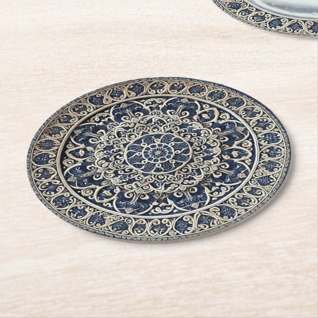 Dessous-de-verre Rond En Papier Blue Ceramic Luxury Floral Relief (Incliné)
