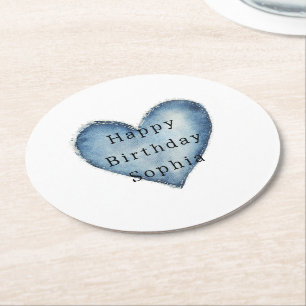 Dessous-de-verre Rond En Papier Blue Jean Denim Coeur Anniversaire