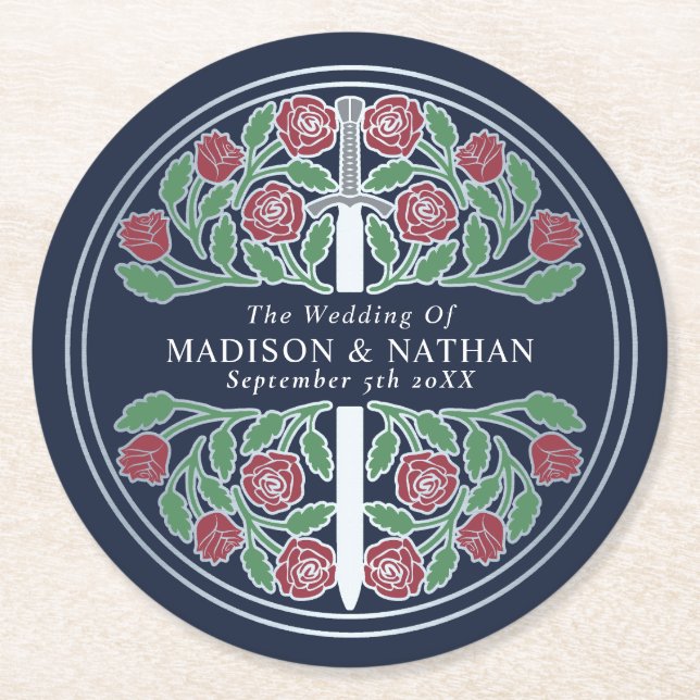 Dessous-de-verre Rond En Papier Blue Royal Medieval Silver Sword Wedding (Devant)