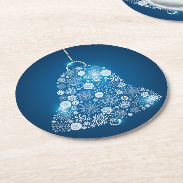 Dessous-de-verre Rond En Papier Blue & Shinning White Snowflakes Christmas Bell (Incliné)