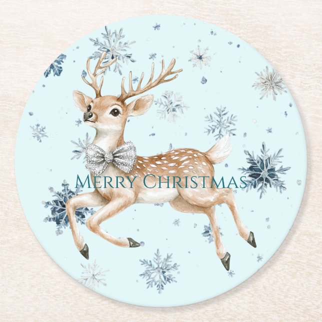 Dessous-de-verre Rond En Papier Blue Snowflakes Christmas Deer with Bow (Devant)