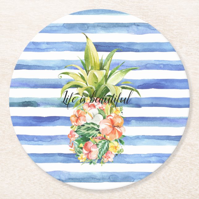 Dessous-de-verre Rond En Papier Blue White Stripes Tropical Floral Pineapple (Devant)