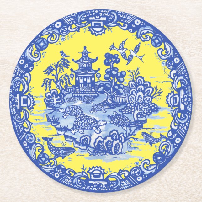 Dessous-de-verre Rond En Papier Blue Willow Isle des tortuesJardin Jaune rond (Devant)