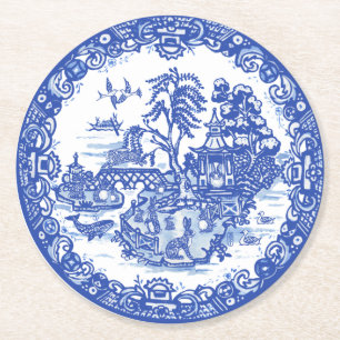Dessous-de-verre Rond En Papier Blue Willow Rabbit Island Art Imaginaire antique