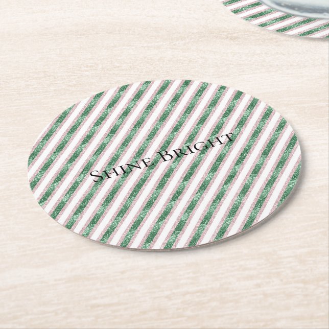 Dessous-de-verre Rond En Papier Blush Pink Green Glitter Stripes Christmas   (Incliné)