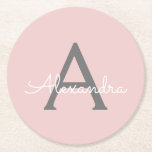 Dessous-de-verre Rond En Papier Blush Pink Grey Modern Script Girly Monogram<br><div class="desc">Dessous de verre en papier monogramme de couleur rose et gris clair simple Script. Cela fait le cadeau parfait de remise de diplômes,  anniversaire,  mariage,  douche nuptiale,  anniversaire,  baby shower ou bachelorette pour quelqu'un qui aime le luxe glam et les styles chic.</div>