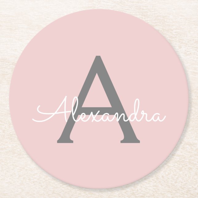 Dessous-de-verre Rond En Papier Blush Pink Grey Modern Script Girly Monogram (Devant)