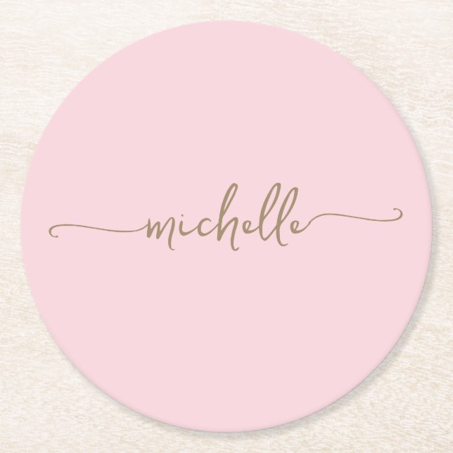Dessous-de-verre Rond En Papier Blush Rose Or Monogramme Nom Script Signature (Devant)