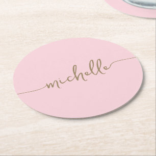 Dessous-de-verre Rond En Papier Blush Rose Or Monogramme Nom Script Signature