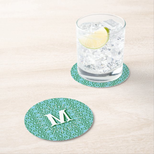 Dessous-de-verre Rond En Papier Boa Ripple in Green + Aqua Personalized (En situation)