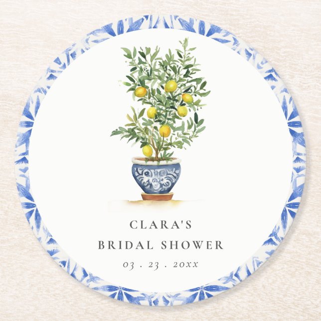 Dessous-de-verre Rond En Papier Boho Aquarelle Citron jaune Fête des mariées (Devant)