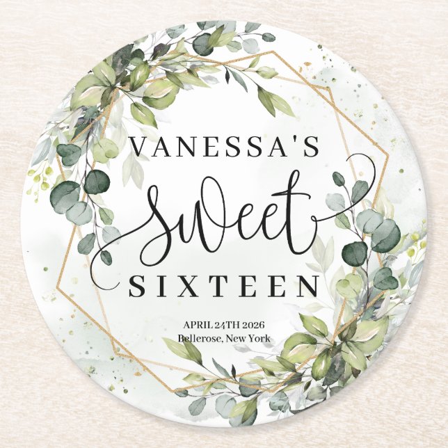Dessous-de-verre Rond En Papier Boho aquarelle eucalyptus or 16e anniversaire (Devant)
