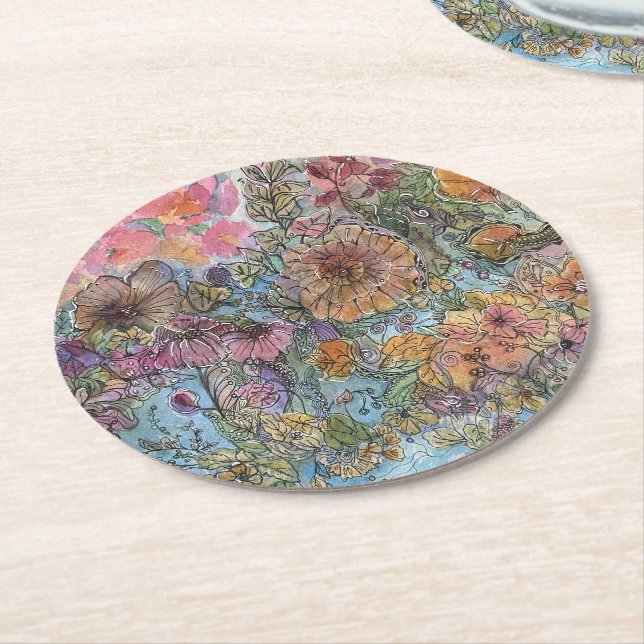Dessous-de-verre Rond En Papier Boho Chic Flower Garden aquarelle peinture (Incliné)