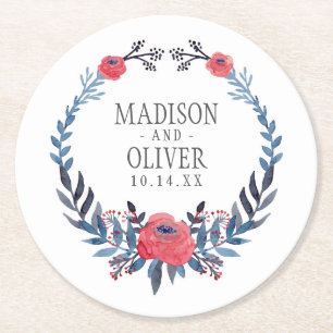 Dessous-de-verre Rond En Papier Boho Floral Aquarelle Roses rouges MARIAGE